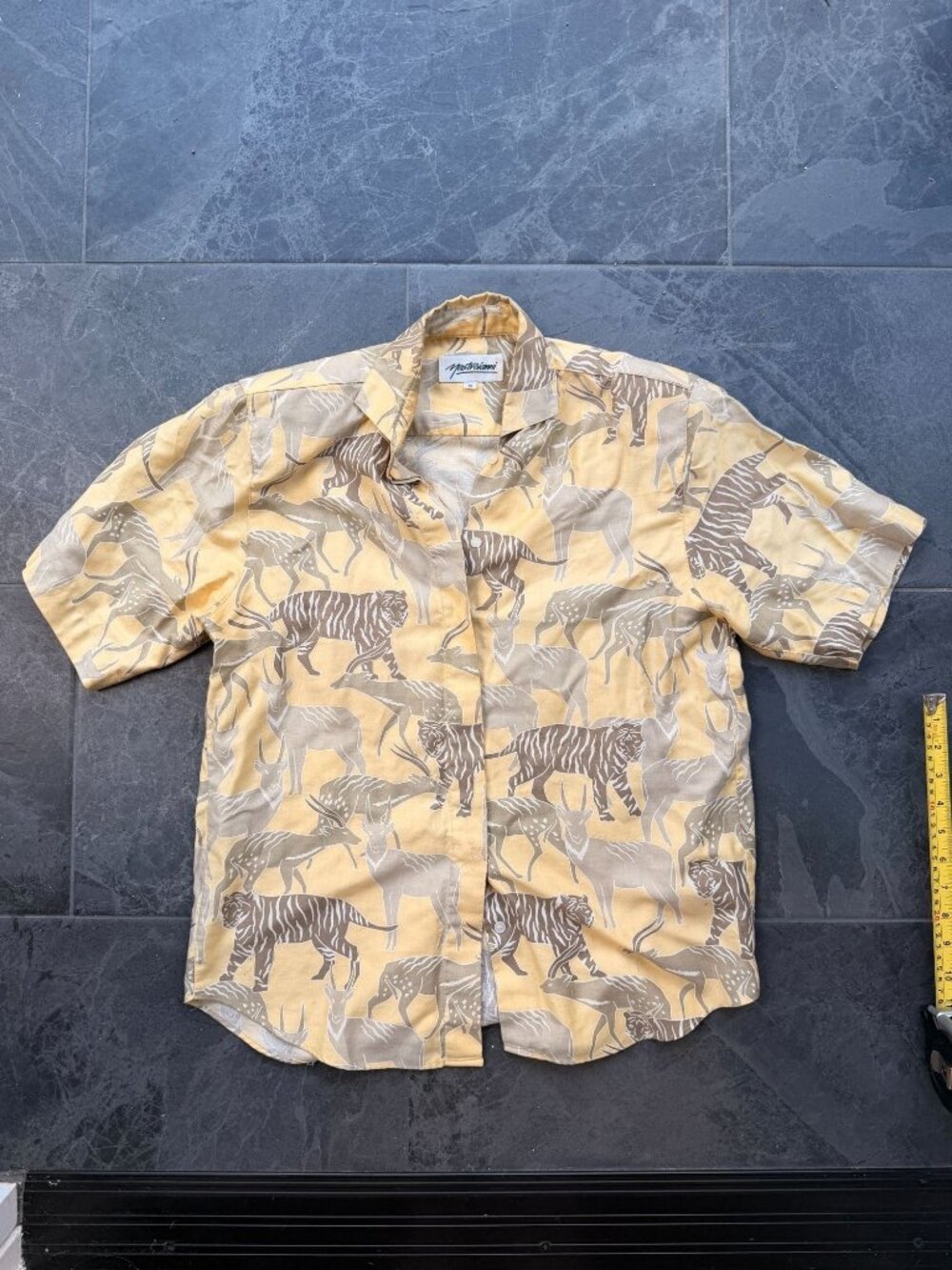 90's retro tribal buttondown womens small XS top yellow tiger antelope Savannah